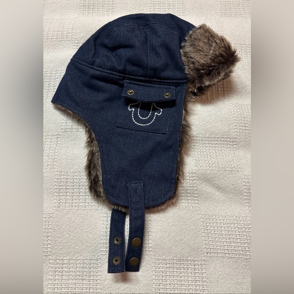 True Religion Blue Denim Trapper Hat with Faux Fur - Picture 10 of 14
